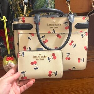 kate spade Beige Cherry Print Satchel and Wallet Set with Navy Trim